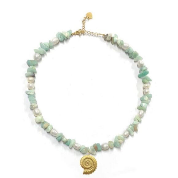 Natural Turquoise Amazonite and Freshwater Pearl Necklace with Nautilus Pendant - Picture 2 of 5